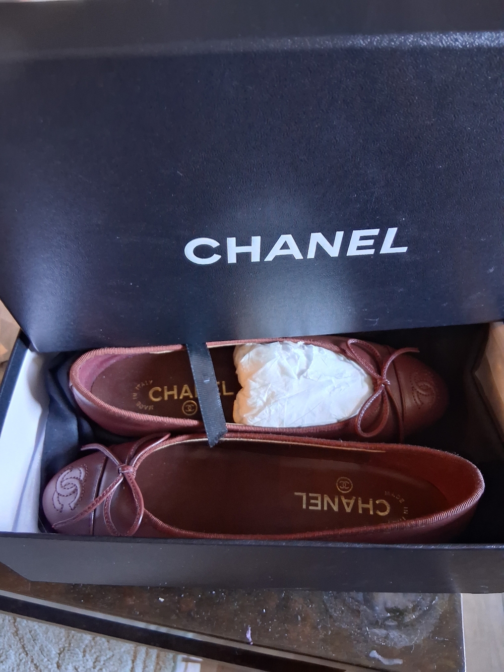 CHANEL Brown Leather Ballet Flats with CC Logo Bow